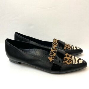 Van Eli Black Leather Calf Skin Animal Print Pointed Toe Loafers